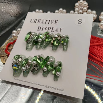 Qfdian 10Pcs High Quality Handmade Press on Nails Sweet And Cool Girl Style Rhinestone Full Setting Celebrity Nail Art: Dark Green